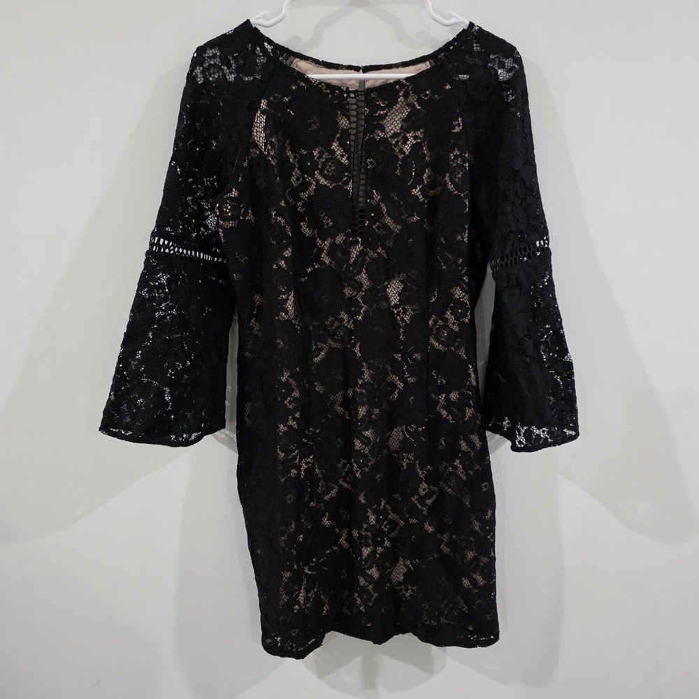 Aidan Mattox Womens Floral Black Lace Dress Size 12 Flare Sleeve Whimsigoth